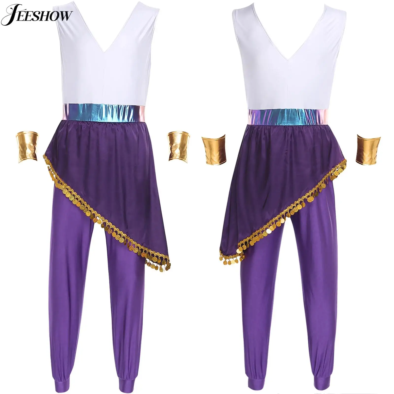 Mens Arabian Princess Costume Sequins Trim Color Block V Neck Sleeveless Asymmetrical Overlay Jumpsuits Halloween Party Outfits
Mens Arabian Princess Costume Sequins Trim Color Block V Neck Sleeveless Asymmetrical Overlay Jumpsuits Halloween Party Outfits