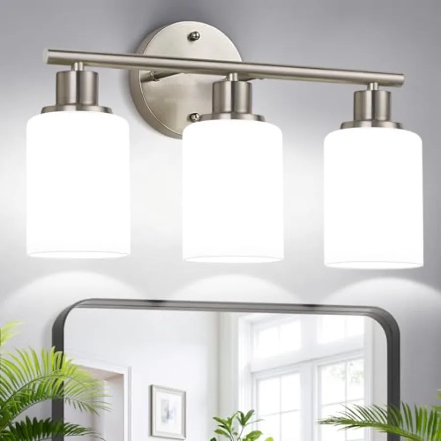 3-Light Bathroom Light Fixtures, Brushed Nickel Vanity Light, Farmhouse Wall Lights with Milky White Frosted Glass Shades, Bath
3-Light Bathroom Light Fixtures, Brushed Nickel Vanity Light, Farmhouse Wall Lights with Milky White Frosted Glass Shades, Bath