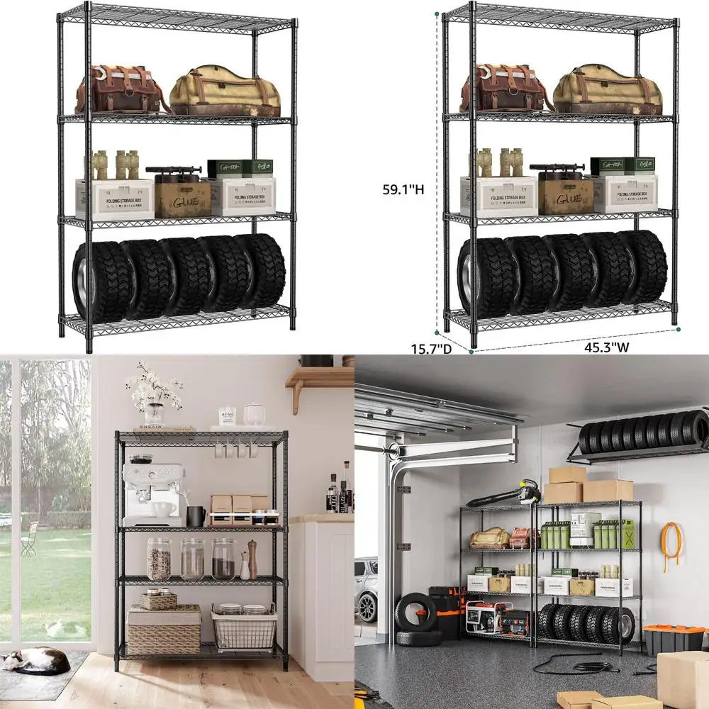 IZEUK 1400 фунтов Гаражные черные стеллажи Широкие полки для хранения 4-х уровневая регулируемая сверхмощная металлическая проволочная полка Полка для K