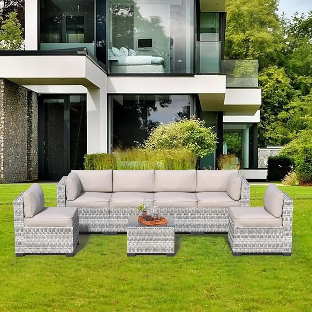 7 Pieces Outdoor Patio Furniture Set, Rattan Sectional Sofa, Conversation Set With Waterproof Cushion And Coffee Table, For
7 Pieces Outdoor Patio Furniture Set, Rattan Sectional Sofa, Conversation Set With Waterproof Cushion And Coffee Table, For