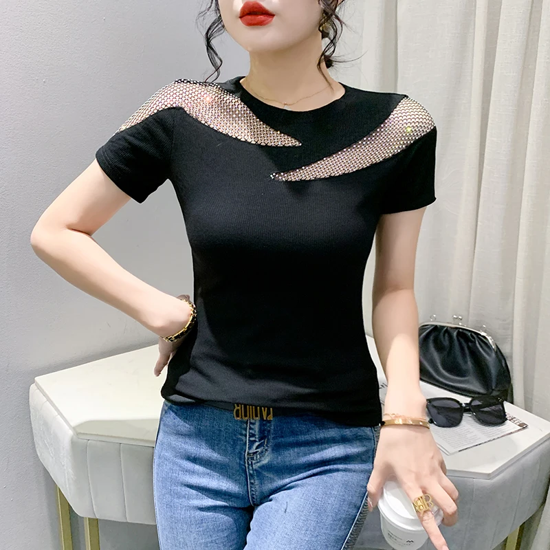 Black,Summer,Korean,Style,T-Shirt,Chic,Sexy,O-Neck,Patchwork,Hollow out,Shiny,Diamonds,Women,Tops,Short Sleeve,Tees,New,542804
Black,Summer,Korean,Style,T-Shirt,Chic,Sexy,O-Neck,Patchwork,Hollow out,Shiny,Diamonds,Women,Tops,Short Sleeve,Tees,New,542804