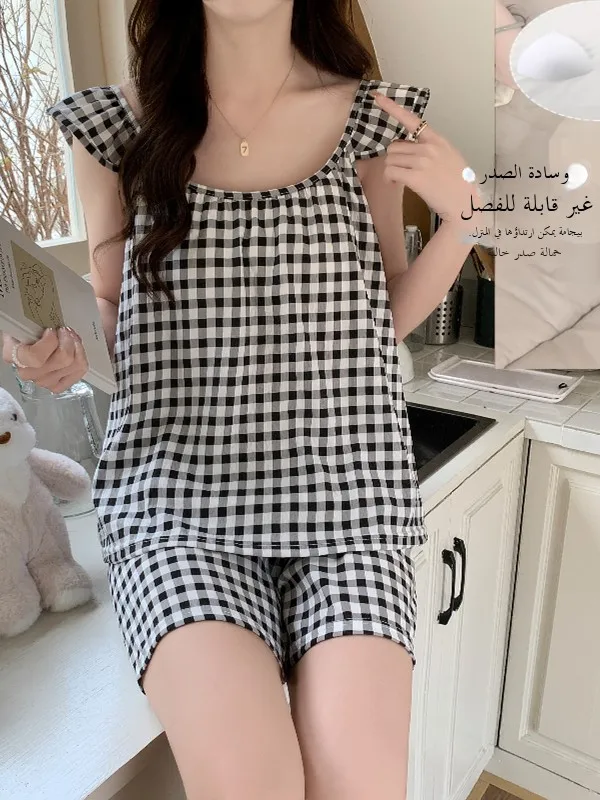 Хлопковый комплект одежды Cloud с накладкой на грудь, женская летняя милая домашняя одежда ort Sve, милый домашний костюм в клетку с принтом 
Хлопковый комплект одежды Cloud с накладкой на грудь, женская летняя милая домашняя одежда ort Sve, милый домашний костюм в клетку с принтом