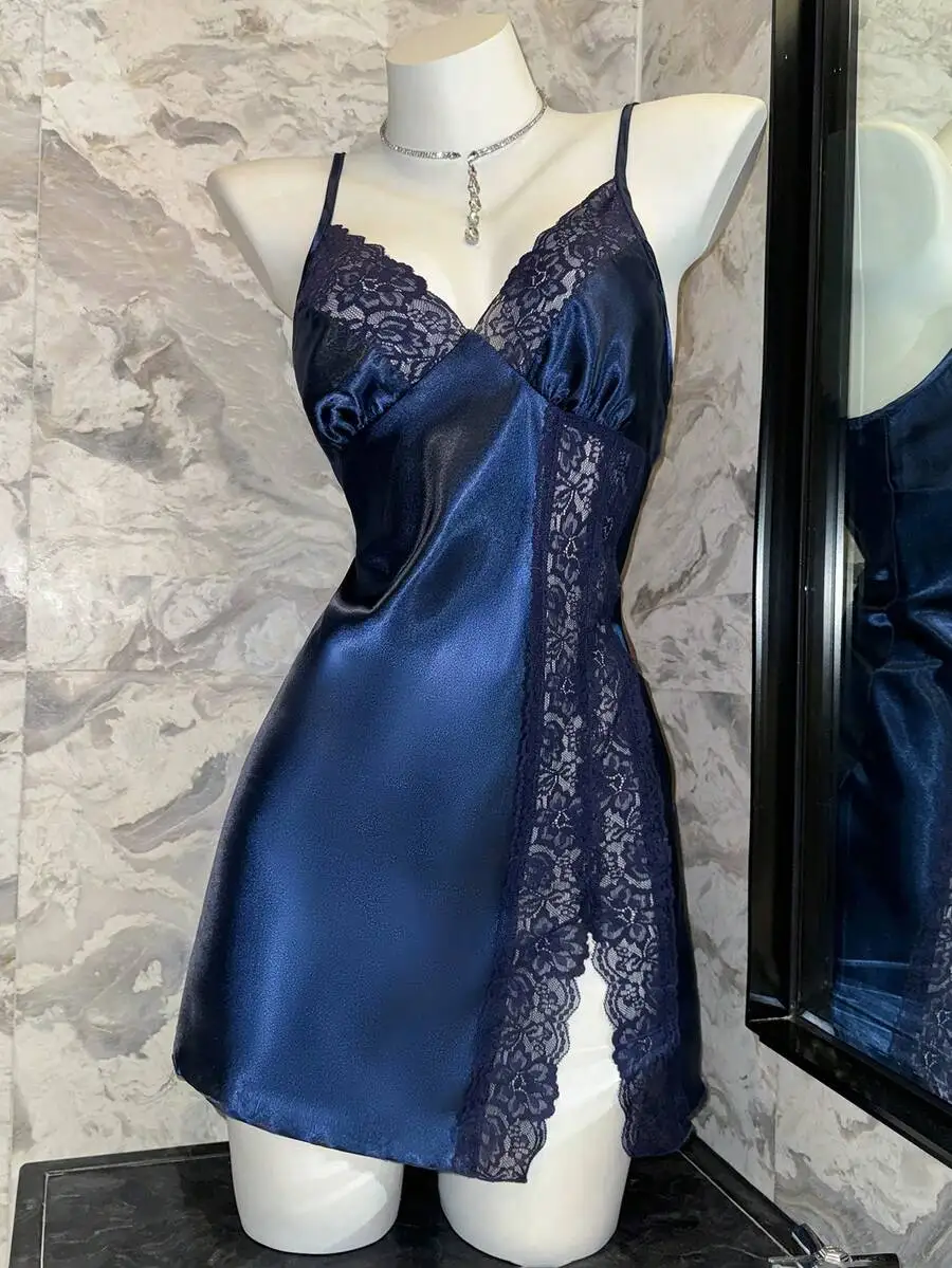 Womens Solid Blue Satin Lace Sleeveless Nightgown
Womens Solid Blue Satin Lace Sleeveless Nightgown