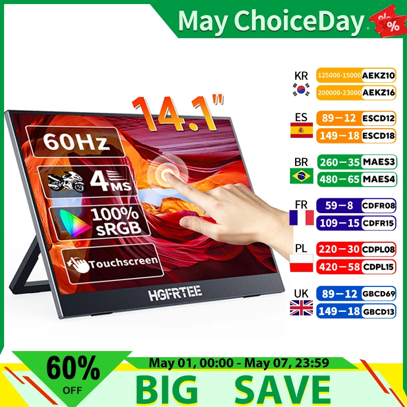 HGFRTEE Portable Touch Monitor 14.1 Inch Ultra-thin Touch Portable Laptop Monitor for Laptops PC Mobile Phone Xbox PS4/5
HGFRTEE Portable Touch Monitor 14.1 Inch Ultra-thin Touch Portable Laptop Monitor for Laptops PC Mobile Phone Xbox PS4/5