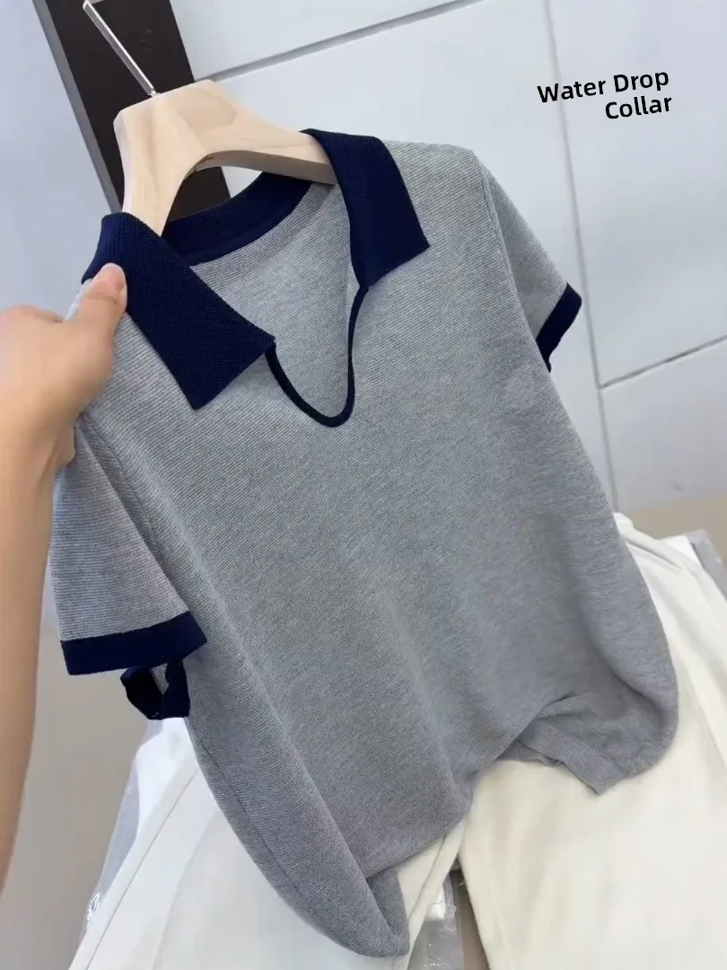Collar Ice Silk Knitted Short Sleeve T-Shirt Women's Loose Fit Summer New Style plus Size Slimming Versatile Top
Collar Ice Silk Knitted Short Sleeve T-Shirt Women's Loose Fit Summer New Style plus Size Slimming Versatile Top