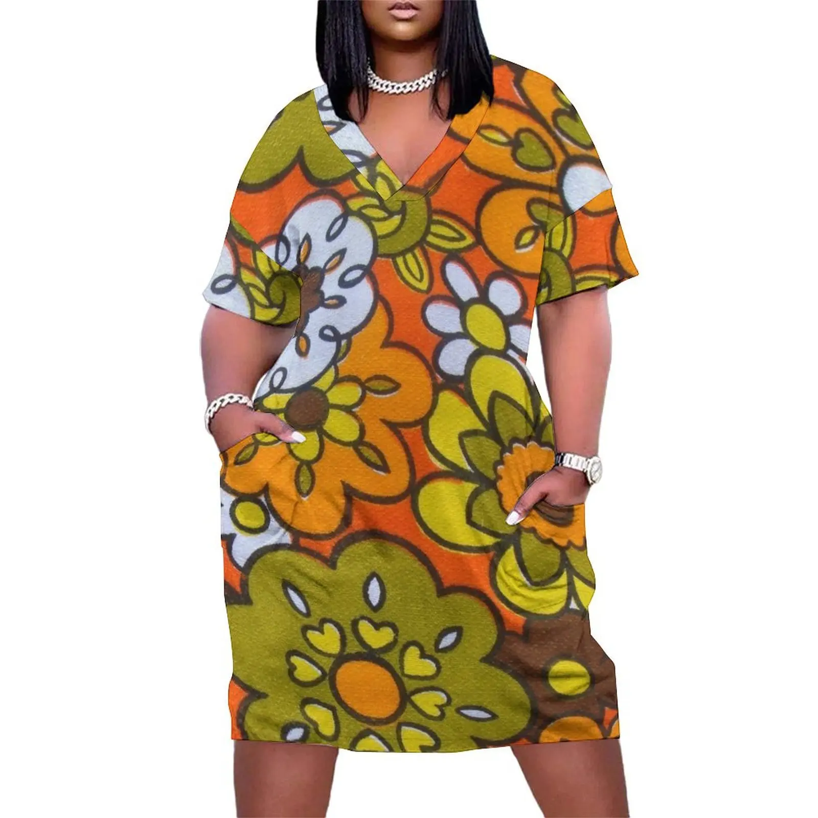 Retro Cool Mid Century Floral Fabric Design in Avocado Green, Harvest Gold, Brown, and Orange Loose Pocket Dress
Retro Cool Mid Century Floral Fabric Design in Avocado Green, Harvest Gold, Brown, and Orange Loose Pocket Dress