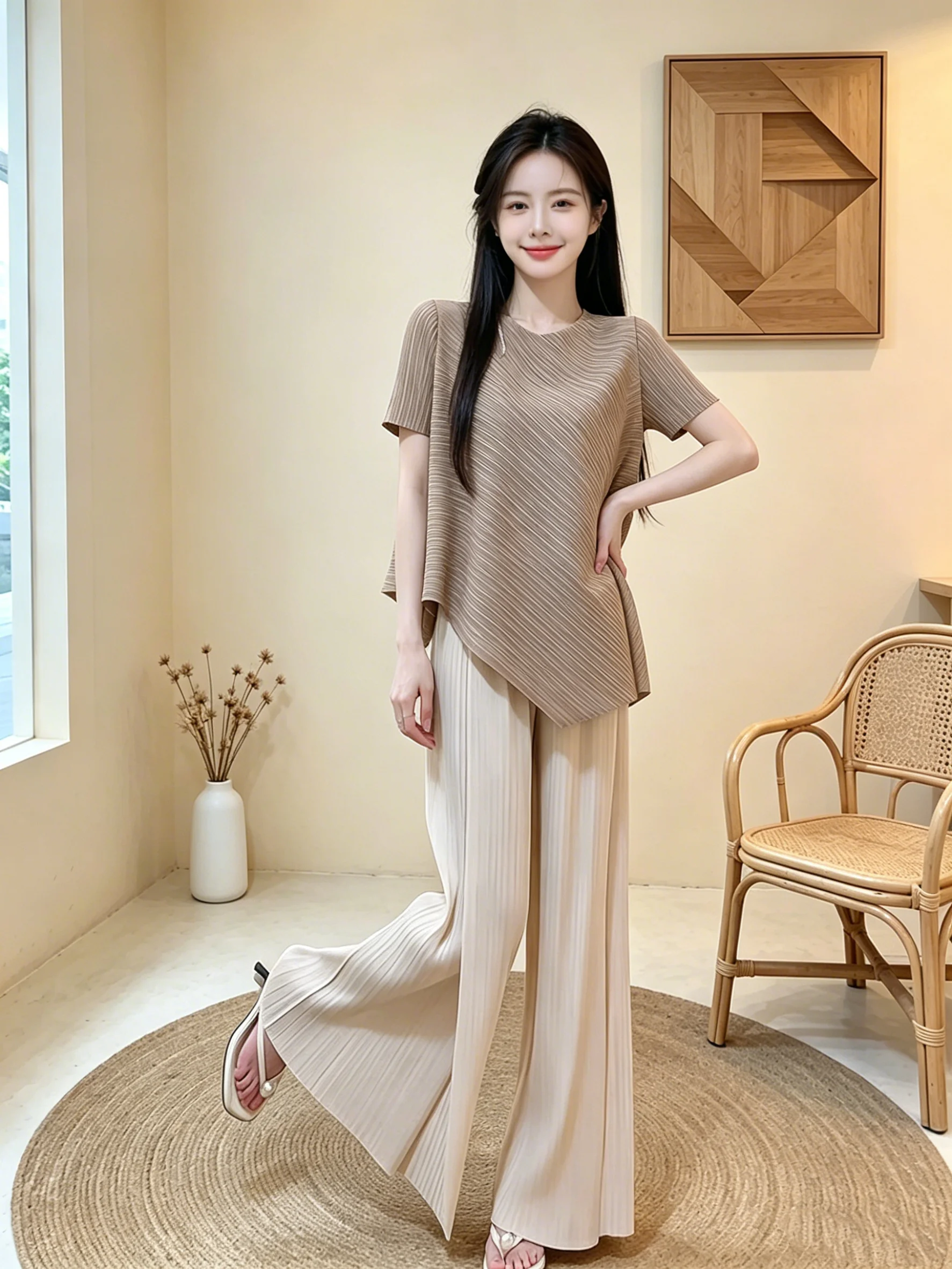 Elegant High Waist Wide Leg Pants Set Women's Casual Top Versatile Loose Wrinkle Summer Outfit Three Houses Art Creation
Elegant High Waist Wide Leg Pants Set Women's Casual Top Versatile Loose Wrinkle Summer Outfit Three Houses Art Creation