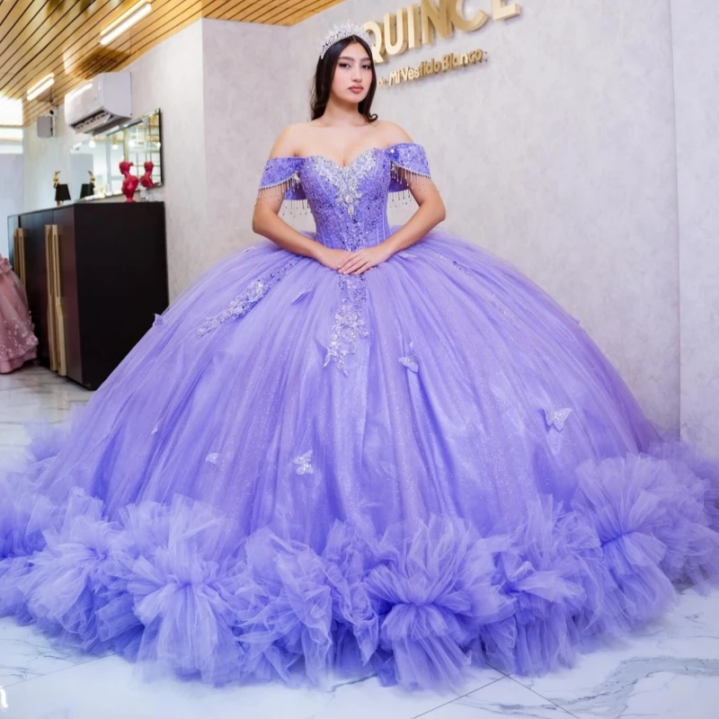 Lavender Shiny Quinceanera Dresses Off The Shoulder Applique Beading Crystal Bow Tiered Tull Party Birthday Sweet 16 Dress
Lavender Shiny Quinceanera Dresses Off The Shoulder Applique Beading Crystal Bow Tiered Tull Party Birthday Sweet 16 Dress