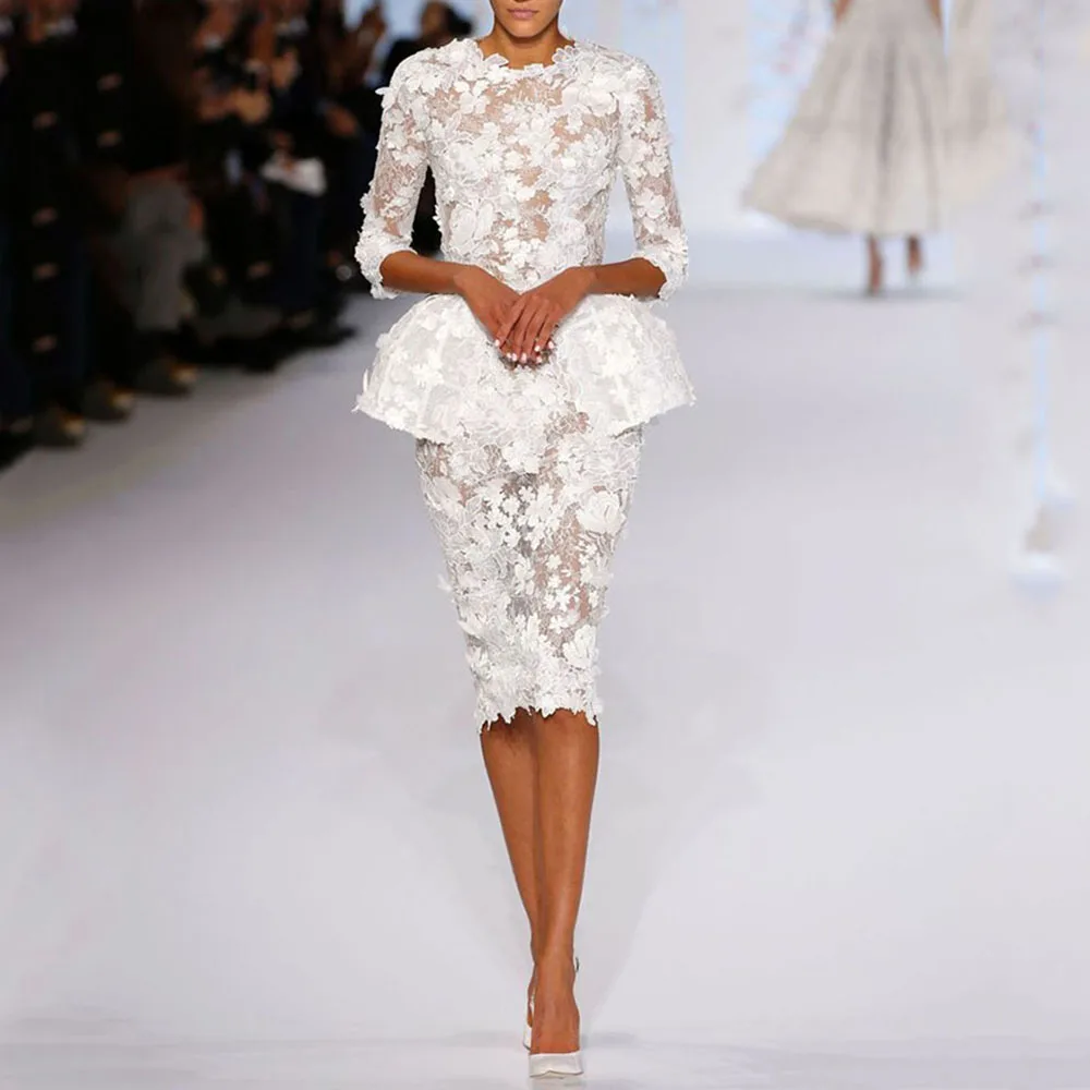 Sweet Women Prom Dresses White Lace Flowers O-Neck Knee Length Slim Fit Straight Three Quarter Sleeves Female Party Gowns
Sweet Women Prom Dresses White Lace Flowers O-Neck Knee Length Slim Fit Straight Three Quarter Sleeves Female Party Gowns