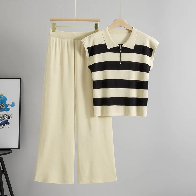 2026 Summer Women's Zipper Striped Collar Knitted Short Sleeve T-shirt Women's High Waist Wide Leg Pants Set
2026 Summer Women's Zipper Striped Collar Knitted Short Sleeve T-shirt Women's High Waist Wide Leg Pants Set