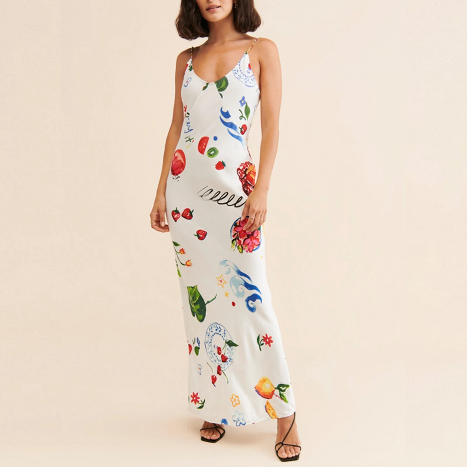 Women's Long Cami Dress Slim Fruit Print Scoop Neck Backless Spaghetti Strap Dress for Party Club
Women's Long Cami Dress Slim Fruit Print Scoop Neck Backless Spaghetti Strap Dress for Party Club