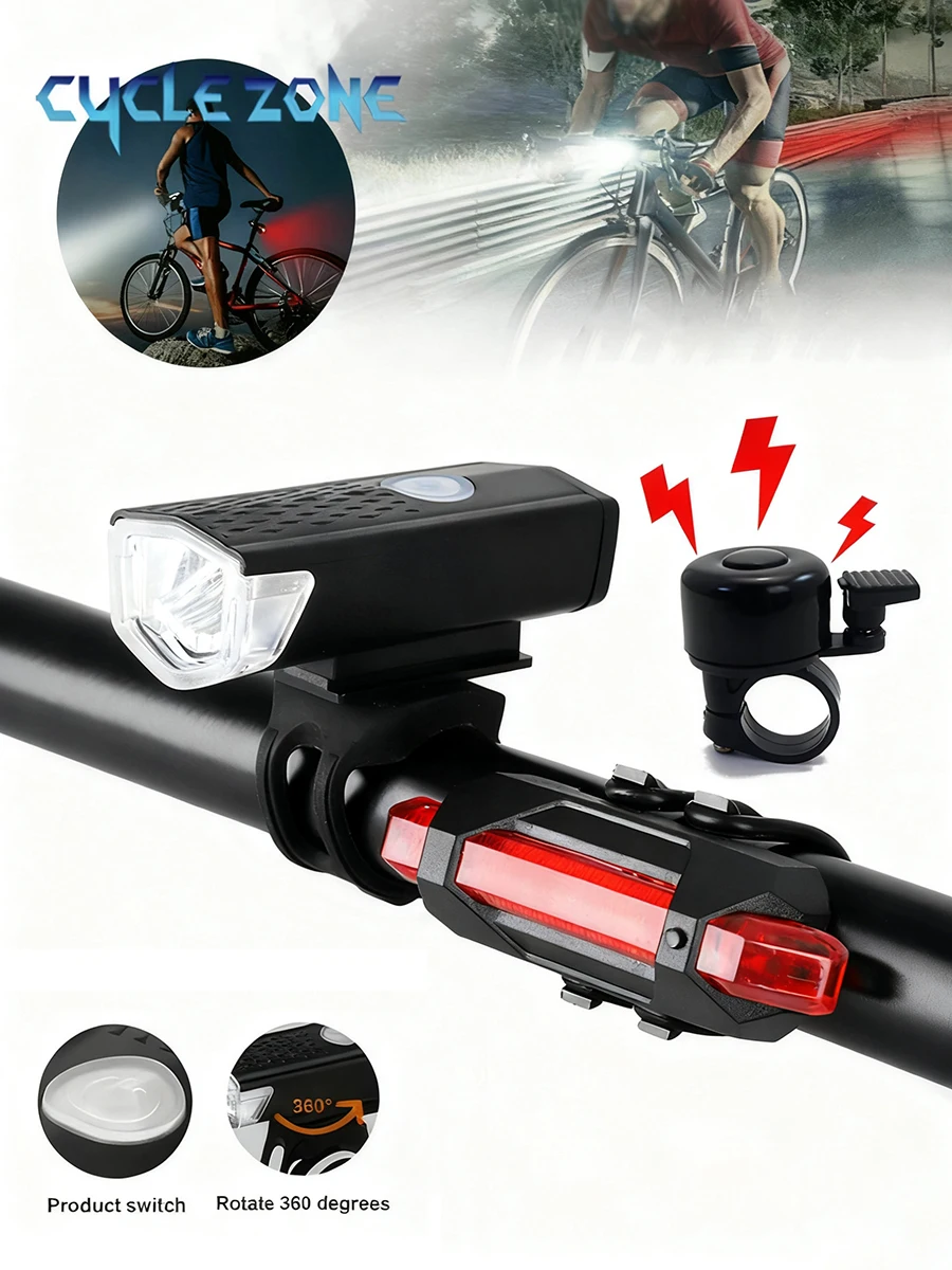 Bicycle Front Rear Light Bell Set Rechargeable 3 Lighting Modes Head Flashlight Red Blue Colorful Tail Lamp for Riding Safety
Bicycle Front Rear Light Bell Set Rechargeable 3 Lighting Modes Head Flashlight Red Blue Colorful Tail Lamp for Riding Safety