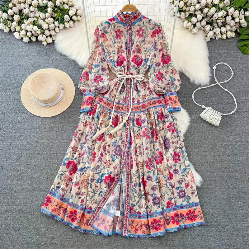 Spring Autumn Dress Vintage Palace Style Lantern Long Sleeve Stand Neck Single Breasted A-Line Printed Elegant Maxi Dress Z3820
Spring Autumn Dress Vintage Palace Style Lantern Long Sleeve Stand Neck Single Breasted A-Line Printed Elegant Maxi Dress Z3820