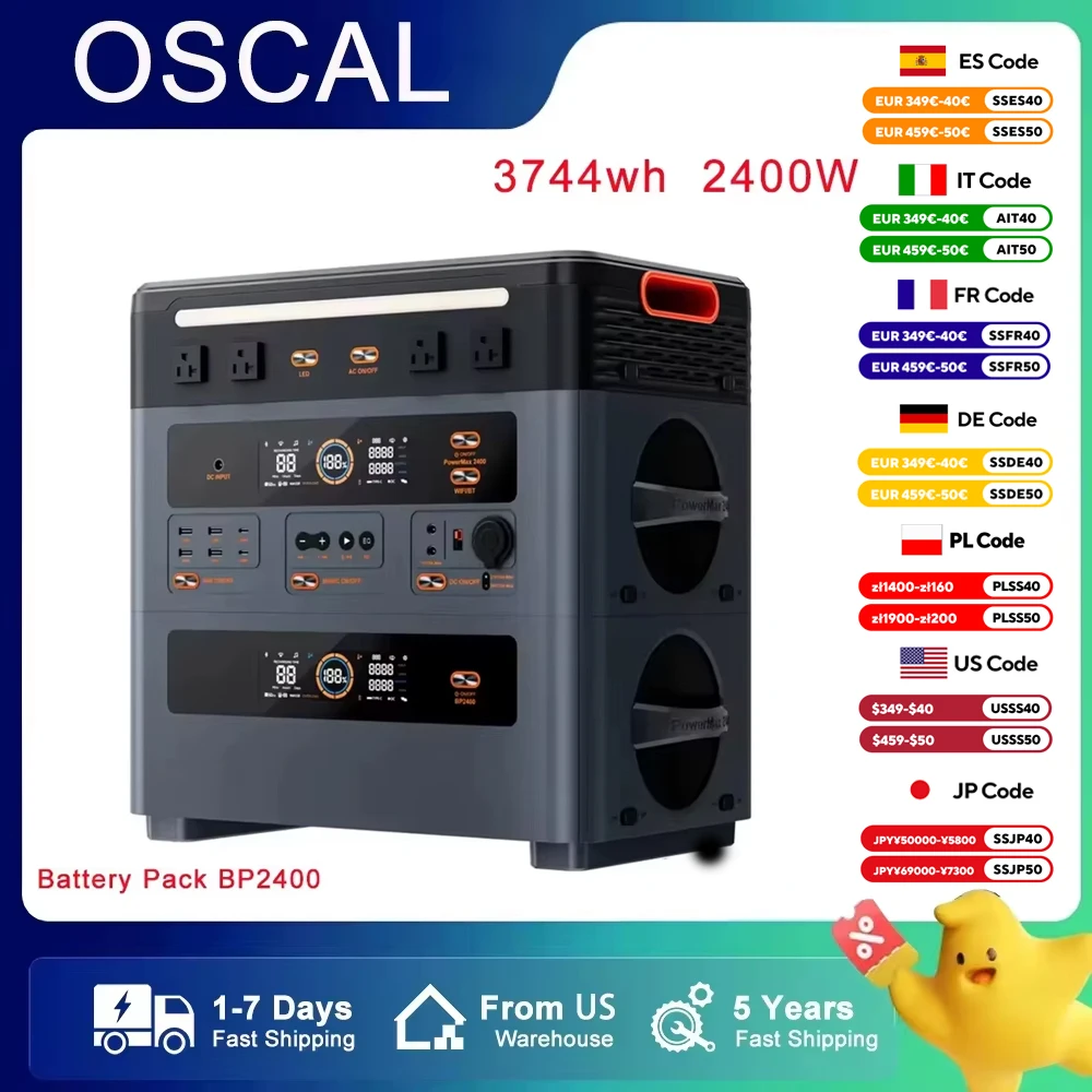 Портативная электростанция OSCAL PowerMax 2400 BP2400, 3744 Втч, 110 В, аккумулятор LiFePO4 с выходом переменного тока 2400 Вт (4800 Вт), внешняя батарея
Портативная электростанция OSCAL PowerMax 2400 BP2400, 3744 Втч, 110 В, аккумулятор LiFePO4 с выходом переменного тока 2400 Вт (4800 Вт), внешняя батарея