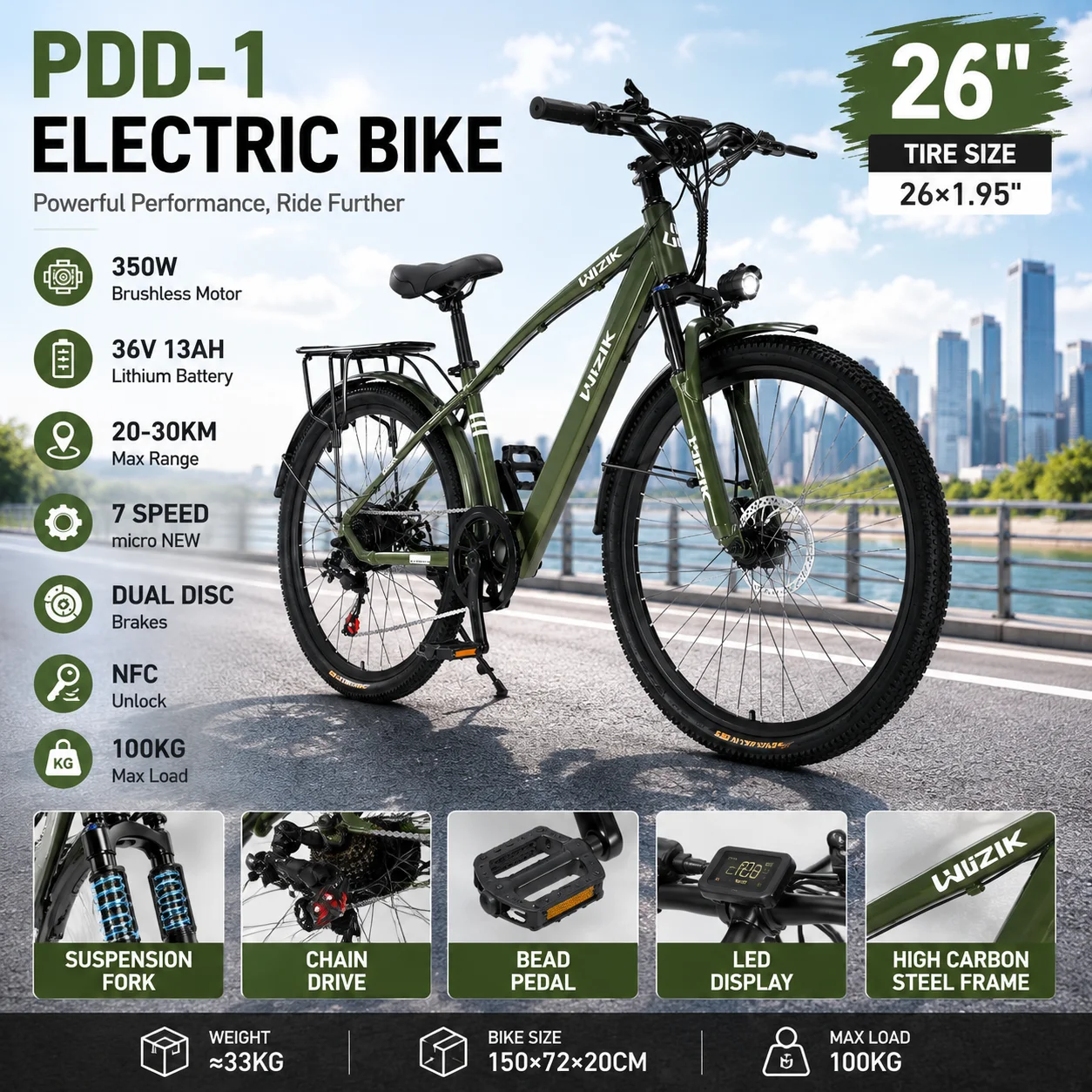 Electric Bike PDD-1 City Electric Bike 350W Brushless Motor NFC Unlock 36V 13Ah Battery 26” Tires LED Display 7-Speed
Electric Bike PDD-1 City Electric Bike 350W Brushless Motor NFC Unlock 36V 13Ah Battery 26” Tires LED Display 7-Speed