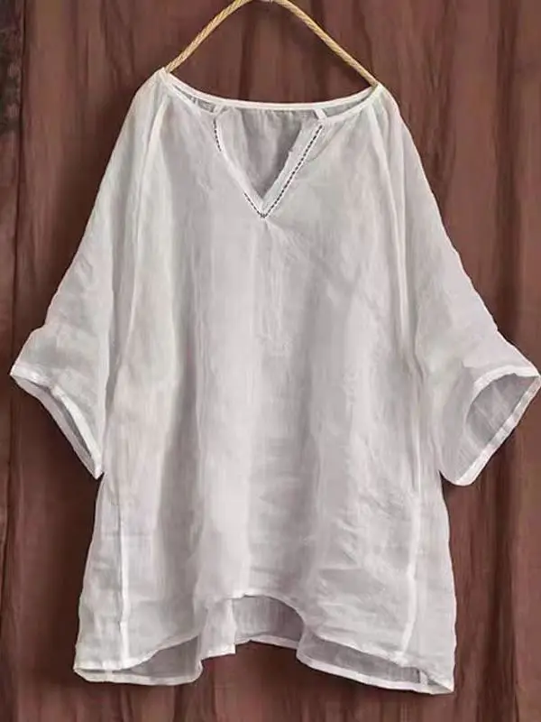 Loose Fit Cotton Linen Blend Shirt with Embroidery Thin Transparent Design V-Neck Overhead Large Size Women's Summer Top
Loose Fit Cotton Linen Blend Shirt with Embroidery Thin Transparent Design V-Neck Overhead Large Size Women's Summer Top