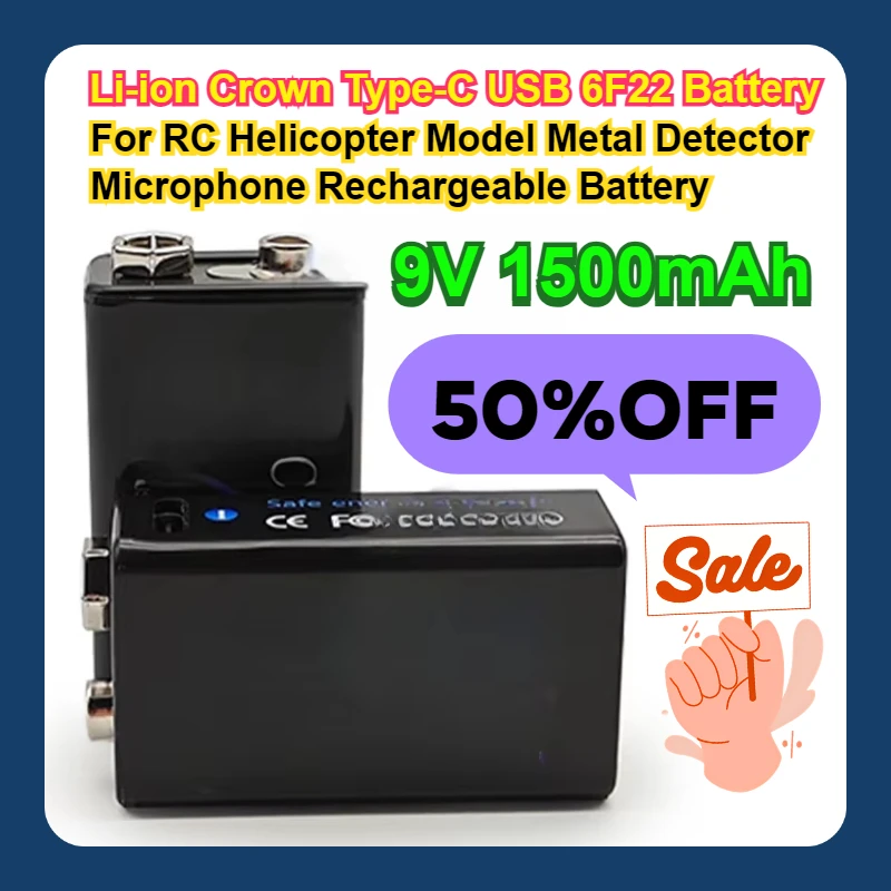 9V 1500mAh Li-ion Crown Type-C USB 6F22 Battery For RC Helicopter Model Metal Detector Microphone Rechargeable Battery
9V 1500mAh Li-ion Crown Type-C USB 6F22 Battery For RC Helicopter Model Metal Detector Microphone Rechargeable Battery