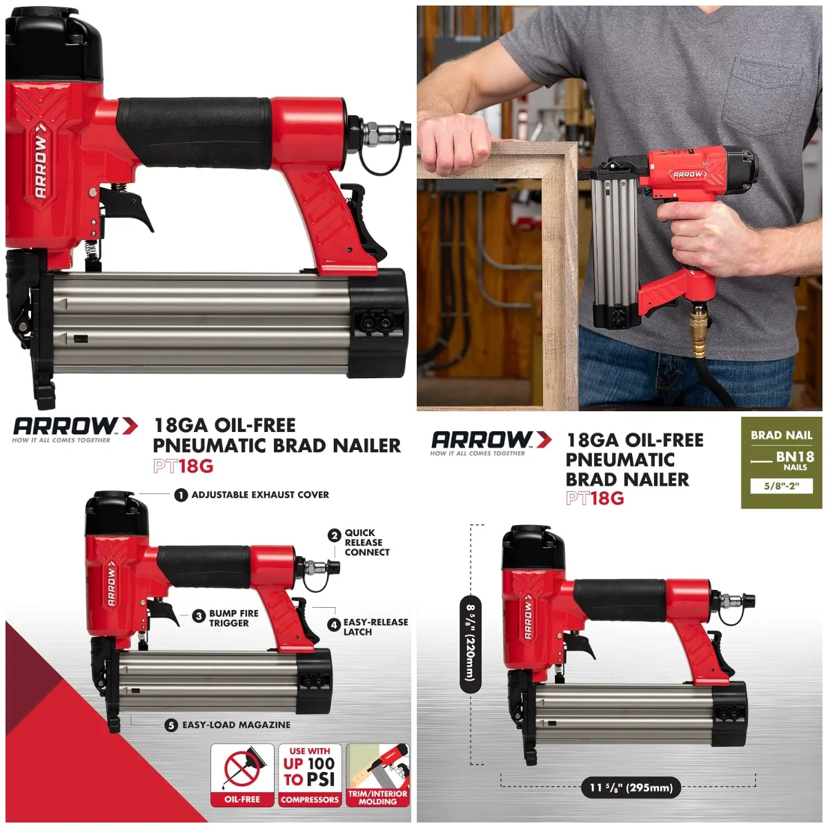 Arrow PT18G Oil-Free Pneumatic Brad Nailer - Fits 5/8' to 2' Brad Nails, Up to 100psi
Arrow PT18G Oil-Free Pneumatic Brad Nailer - Fits 5/8' to 2' Brad Nails, Up to 100psi