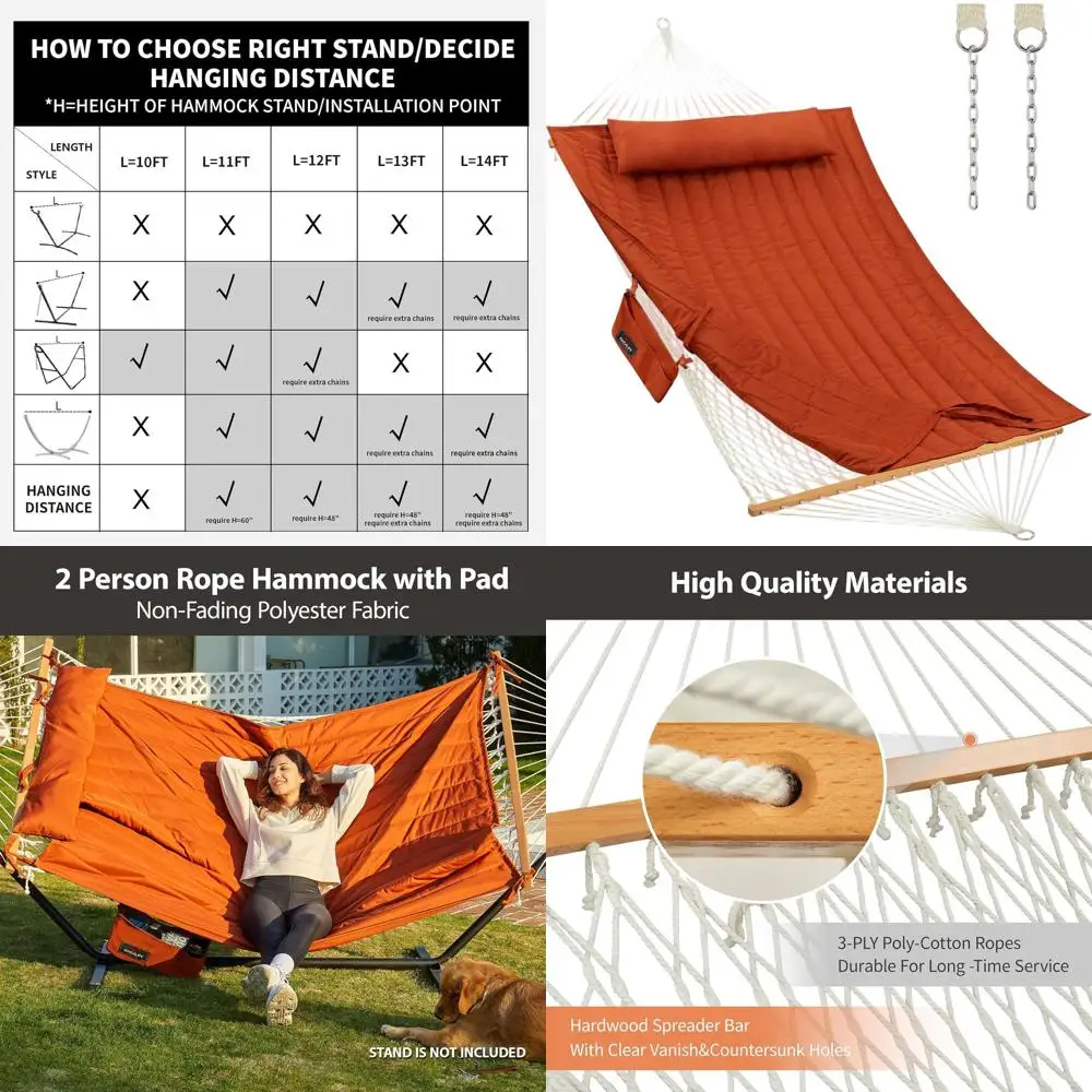 Double Hammock with Wooden Bars, Large Rope Swing Bed with Polyester Cushion and Pillow, 475 lbs Capacity for 2, Ideal for Patio
Double Hammock with Wooden Bars, Large Rope Swing Bed with Polyester Cushion and Pillow, 475 lbs Capacity for 2, Ideal for Patio