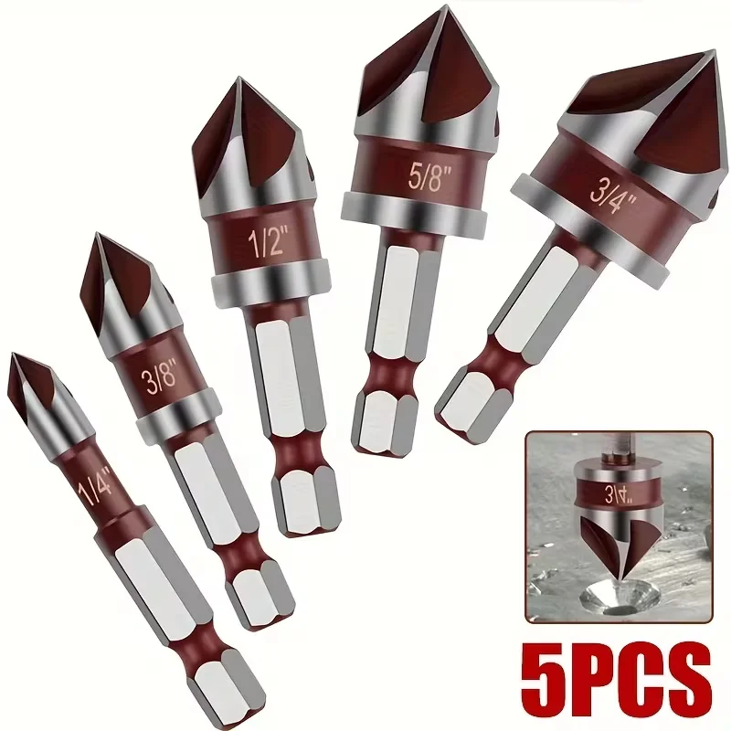Hex Shank Countersink Bits 5 Size 1/4 3/8 1/2 5/8 3/4 Inch, High Speed Steel Chamfer Tool for Metal Wood Plastic DIY Power Drill
Hex Shank Countersink Bits 5 Size 1/4 3/8 1/2 5/8 3/4 Inch, High Speed Steel Chamfer Tool for Metal Wood Plastic DIY Power Drill