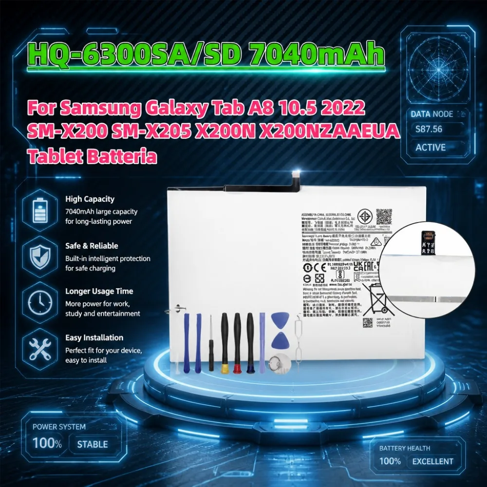 7040mAh Grade A HQ-6300SA/SD Tablet Battery For Samsung Tab A8 10.5 2022 SM-X200 SM-X205 Series Replacement Battery
7040mAh Grade A HQ-6300SA/SD Tablet Battery For Samsung Tab A8 10.5 2022 SM-X200 SM-X205 Series Replacement Battery