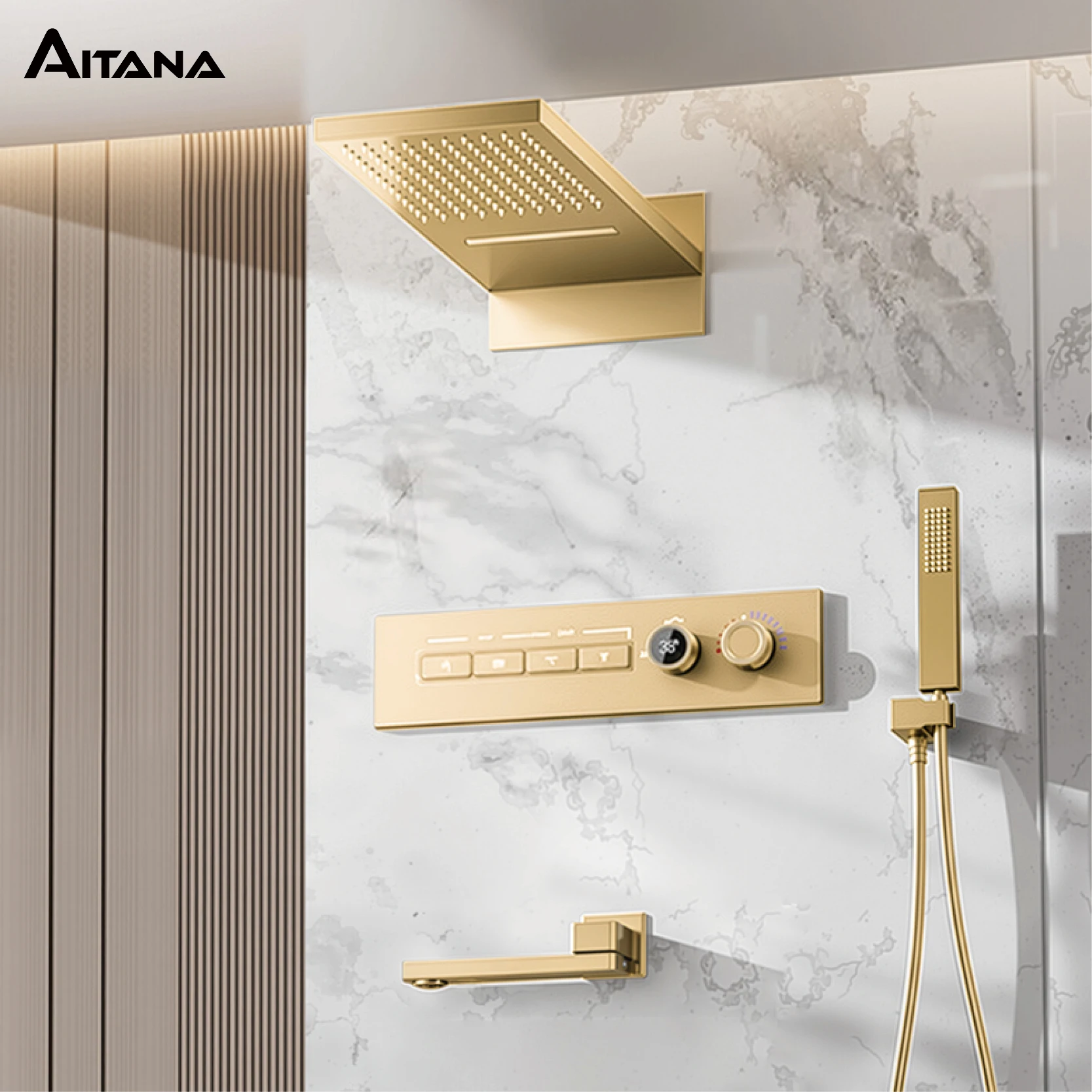 Modern brushed gold brass LED digital ceiling embedded shower system. Thermostatic 4-function waterfall/rain shower bathroom Tap
Modern brushed gold brass LED digital ceiling embedded shower system. Thermostatic 4-function waterfall/rain shower bathroom Tap