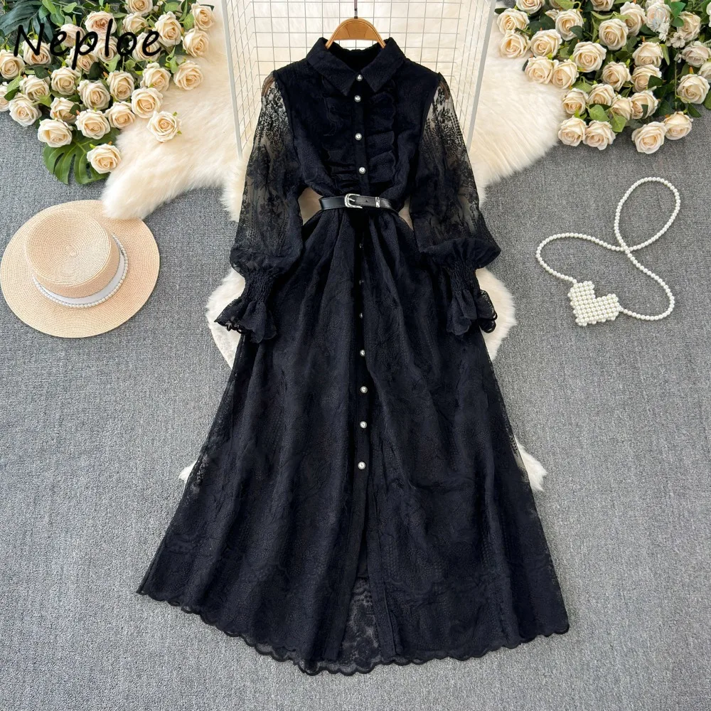 Neploe Sweet Turn-down Collar Lantern Sleeve Lace Mujer Slim Waist Belt French Style Fresh Dress High Waist Hollow Out New Robe
Neploe Sweet Turn-down Collar Lantern Sleeve Lace Mujer Slim Waist Belt French Style Fresh Dress High Waist Hollow Out New Robe