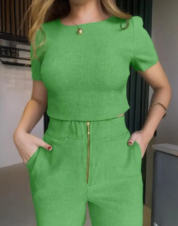 Two Piece Set Women Outfit 2025 Summer Solid Color Round Neck Short Sleeve Top & Casual High Waist Zipper Long Pants Set
Two Piece Set Women Outfit 2025 Summer Solid Color Round Neck Short Sleeve Top & Casual High Waist Zipper Long Pants Set