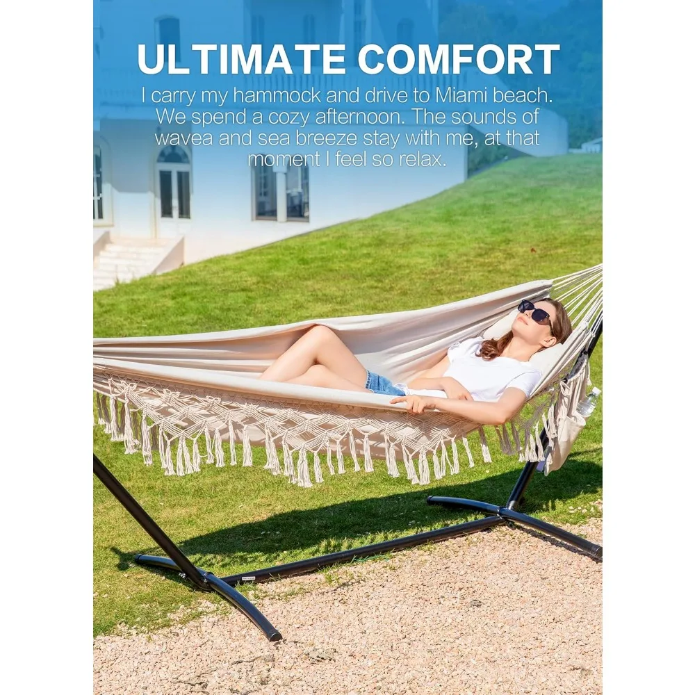 Handmade Tassel Hammocks, Double Hammock with Stand for Outside, Max 450 lbs Capacity, Tree straps & Carabiners & Pillow
Handmade Tassel Hammocks, Double Hammock with Stand for Outside, Max 450 lbs Capacity, Tree straps & Carabiners & Pillow