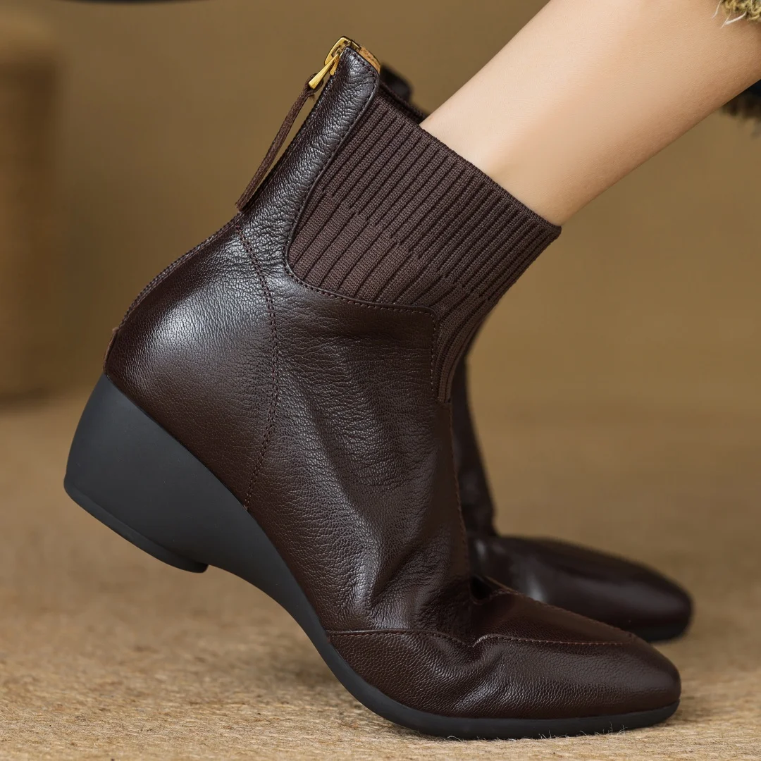 Women's sheepskin stretch knit patchwork back zip autumn ankle boots 4.5cm wedge med heel round toe casual female short booties
Women's sheepskin stretch knit patchwork back zip autumn ankle boots 4.5cm wedge med heel round toe casual female short booties
