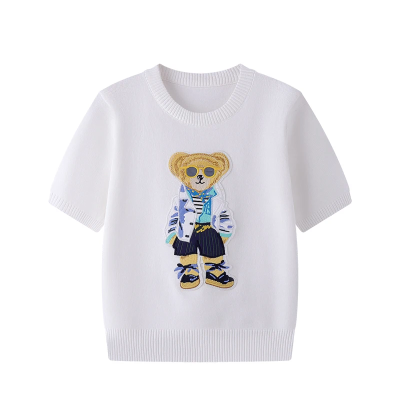 High Quality Summer New Women's Jumper Casual Cartoon Bear Embroidery Round Neck Pullover All-match Knitted Short Sleeve Sweater
High Quality Summer New Women's Jumper Casual Cartoon Bear Embroidery Round Neck Pullover All-match Knitted Short Sleeve Sweater