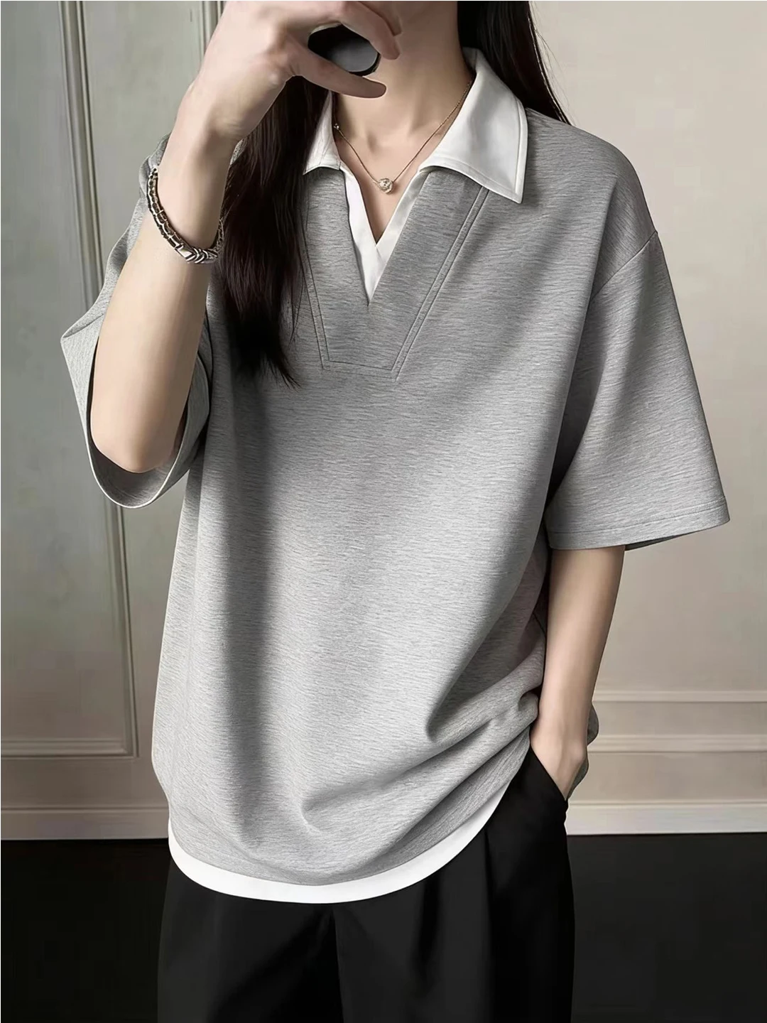Mamba Cotton Luxury V-Neck Fake Two-Piece Short Sleeve Shirt Women Summer Heavyweight Half Sleeve Trendy Brand Handsome ...
Mamba Cotton Luxury V-Neck Fake Two-Piece Short Sleeve Shirt Women Summer Heavyweight Half Sleeve Trendy Brand Handsome ...