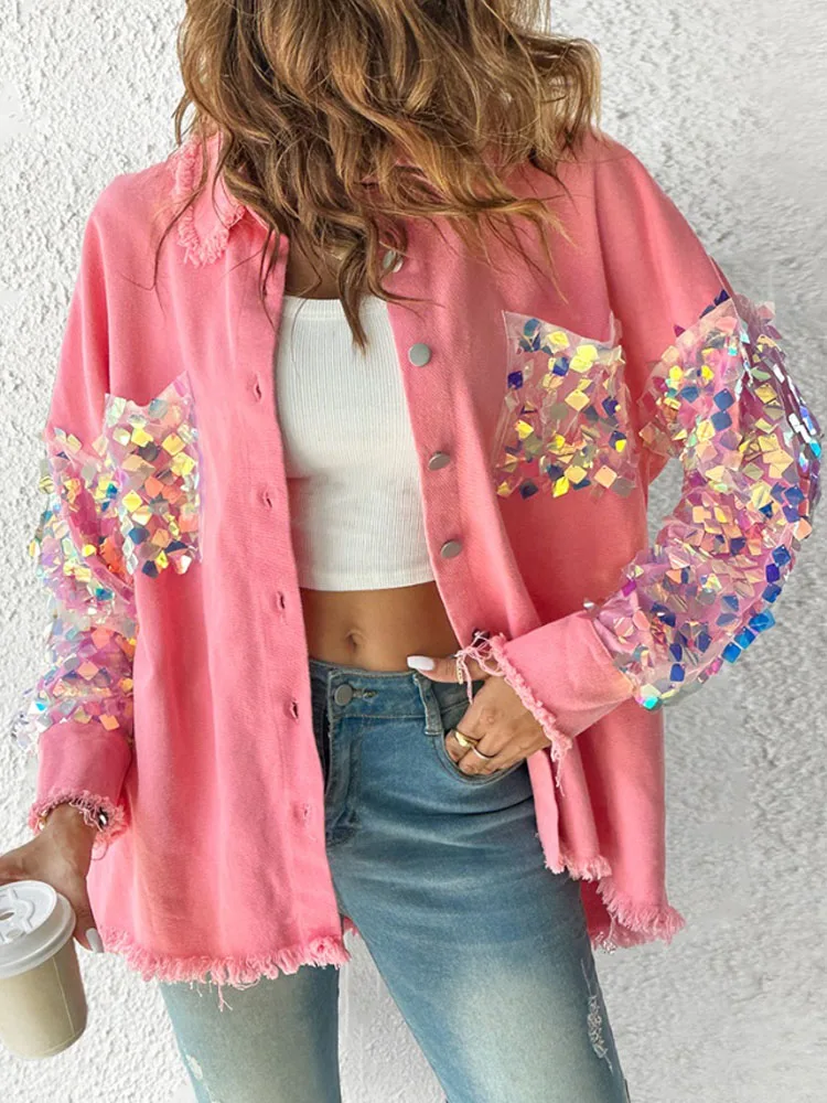 Women Casual Solid Color Turn Down Collar Sequins Spliced Long Sleeve Button Front Shirt Jacket Coat
Women Casual Solid Color Turn Down Collar Sequins Spliced Long Sleeve Button Front Shirt Jacket Coat