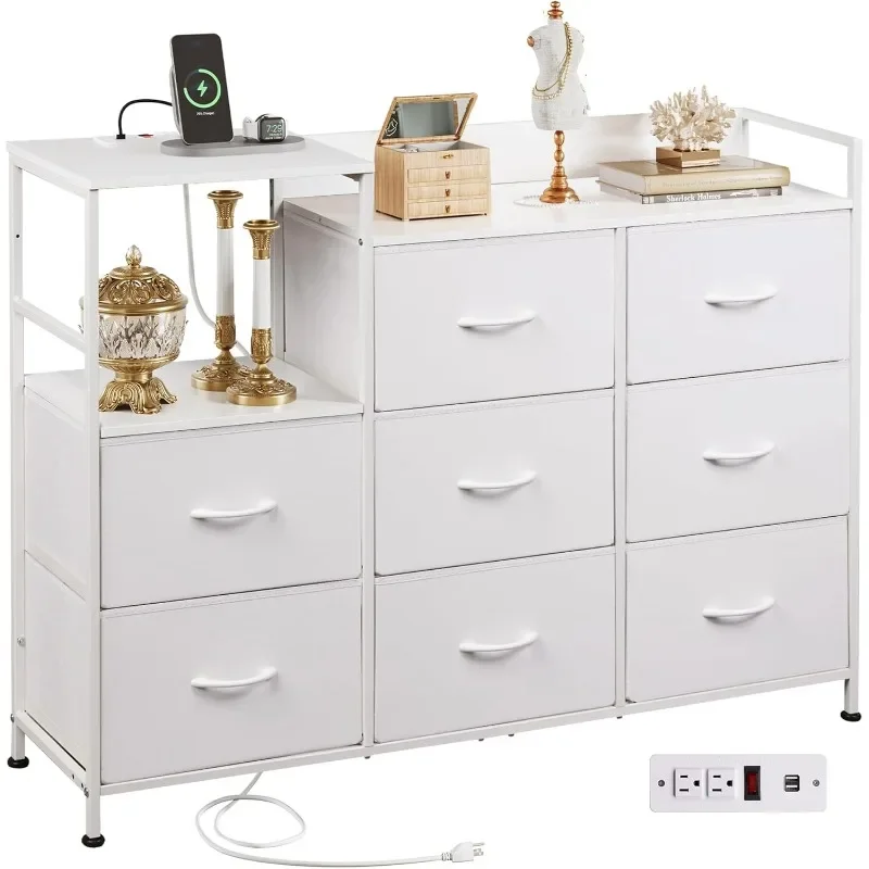 White Dresser TV Stand for Bedroom with Charging Station and Open Shelves, Fabric Dresser with 8 Drawers and Wood Top
White Dresser TV Stand for Bedroom with Charging Station and Open Shelves, Fabric Dresser with 8 Drawers and Wood Top