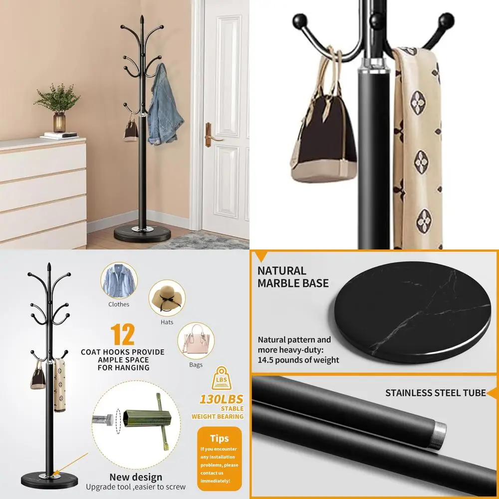 Stylish Black Metal Coat Stand with Natural Marble Base, 12-Hook Freestanding Hall Tree for Entryway and Hallway
Stylish Black Metal Coat Stand with Natural Marble Base, 12-Hook Freestanding Hall Tree for Entryway and Hallway