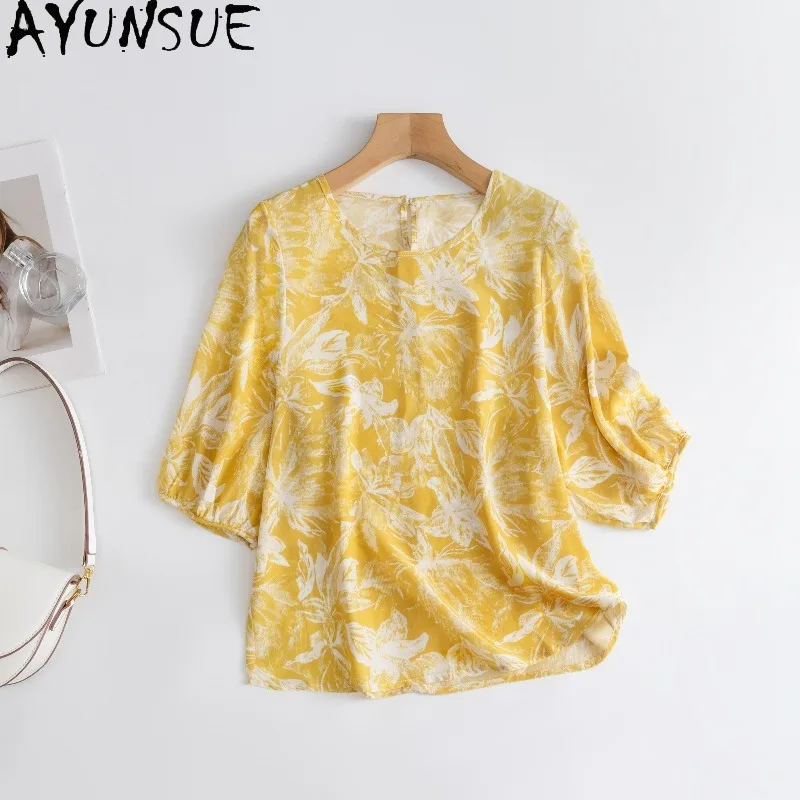AYUNSUE 100% Silk Women T Shirts Stylish O-neck Yellow Tops for Woman Summer Pullover T Shirt Woman Clothes High Quality Одежда
AYUNSUE 100% Silk Women T Shirts Stylish O-neck Yellow Tops for Woman Summer Pullover T Shirt Woman Clothes High Quality Одежда
