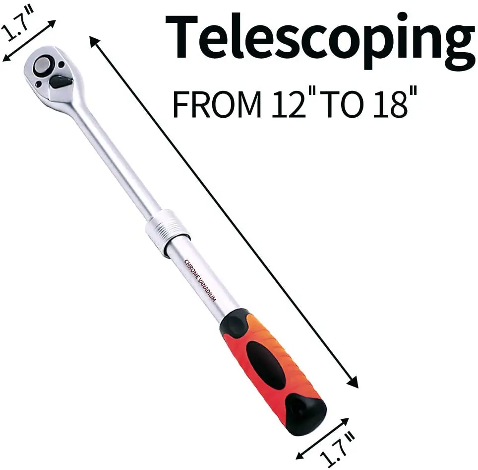 1/2 Inch Drive Extendable Ratchet Wrench 72 Teeth Reversible with Soft Grip Handle Extendable From 12in. to 18in. Length
1/2 Inch Drive Extendable Ratchet Wrench 72 Teeth Reversible with Soft Grip Handle Extendable From 12in. to 18in. Length