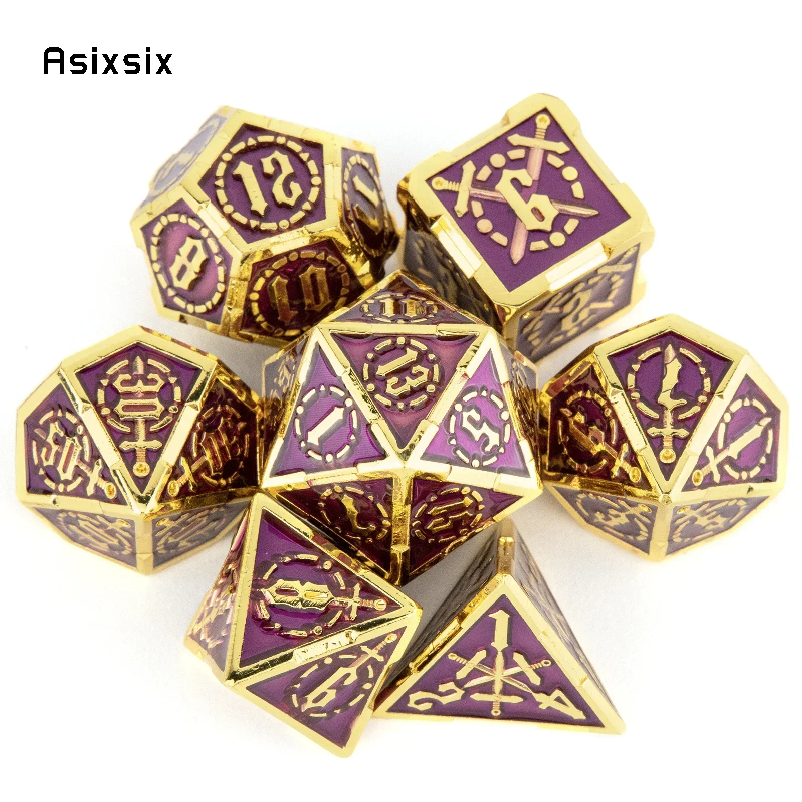 7 Pcs Golden Purple Double Swords Metal Dice Solid Polyhedral Dice Set Suitable for Role-Playing RPG Board Party Dice Prop
7 Pcs Golden Purple Double Swords Metal Dice Solid Polyhedral Dice Set Suitable for Role-Playing RPG Board Party Dice Prop