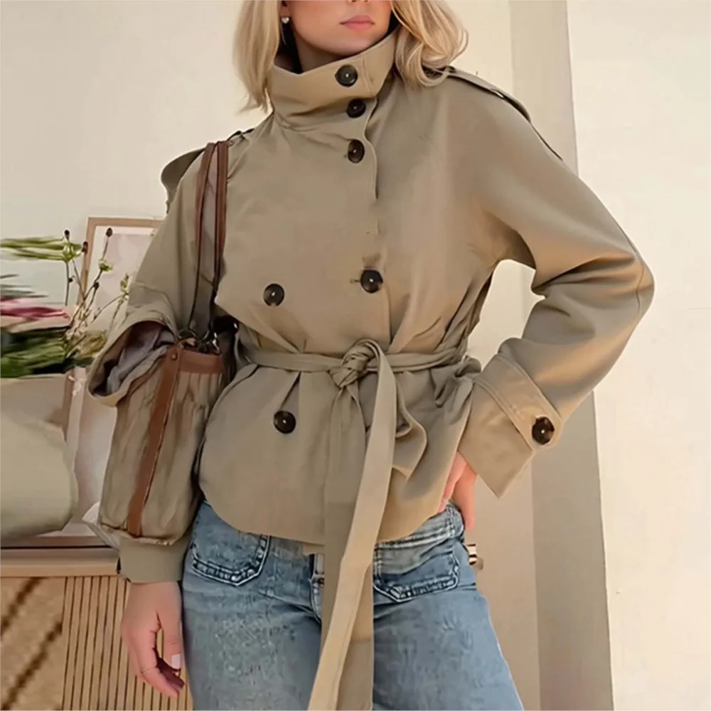 Fashion Double Breasted Women's Short Windbreaker Jacket Autumn New Casual Waist Belted Jacket Female Coat 2025
Fashion Double Breasted Women's Short Windbreaker Jacket Autumn New Casual Waist Belted Jacket Female Coat 2025
