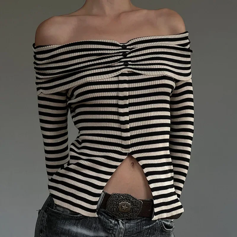 2025 Long Sleeved Slimming Slit off Shoulder Irregular Striped Knitted Sweater for Women 
2025 Long Sleeved Slimming Slit off Shoulder Irregular Striped Knitted Sweater for Women
