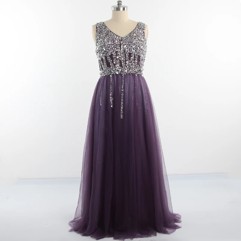 Evening Dresses V-neck Sleeveless Purple Tulle A-line Floor length Lace up Plus size Beading Formal Party Dress Women B1177
Evening Dresses V-neck Sleeveless Purple Tulle A-line Floor length Lace up Plus size Beading Formal Party Dress Women B1177