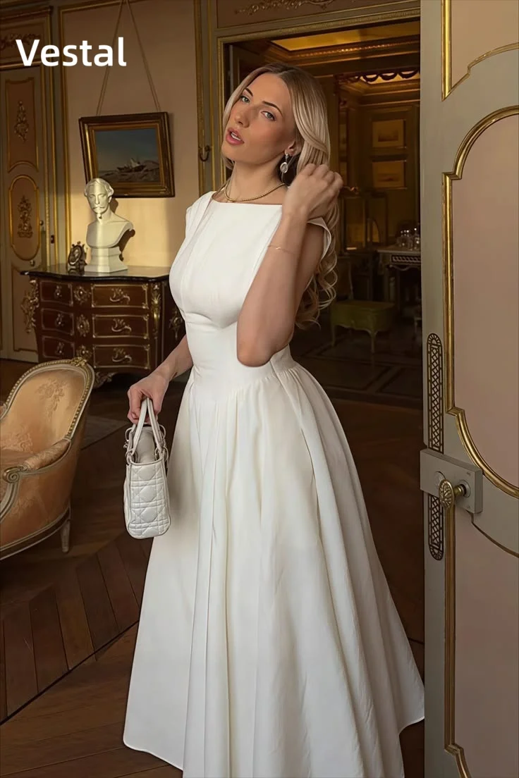 Vestal White Boat Neck Midi Dress Cap Sleeve Open Back A-Line Bridal Party Dress Graduation Customized
Vestal White Boat Neck Midi Dress Cap Sleeve Open Back A-Line Bridal Party Dress Graduation Customized