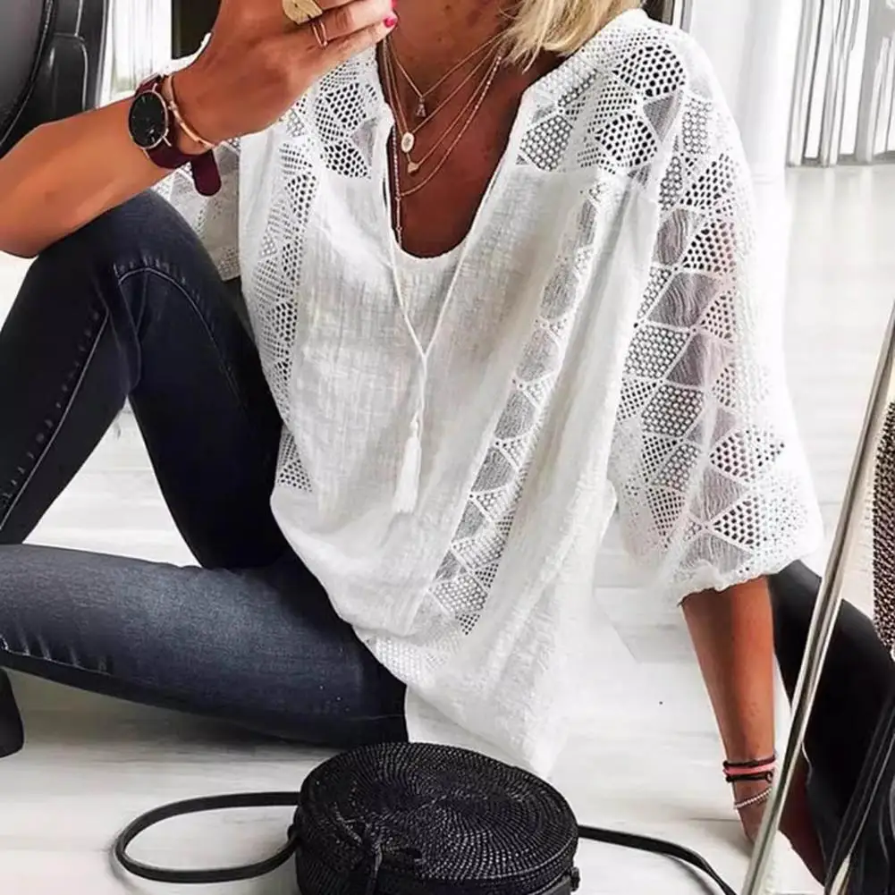 Women Summer Loose Fit Tops U-Neck Lace-up 3/4 Sleeve Lace Spliced Pullover Tops Solid Color Casual Shirt Tops Womens Blouses
Women Summer Loose Fit Tops U-Neck Lace-up 3/4 Sleeve Lace Spliced Pullover Tops Solid Color Casual Shirt Tops Womens Blouses