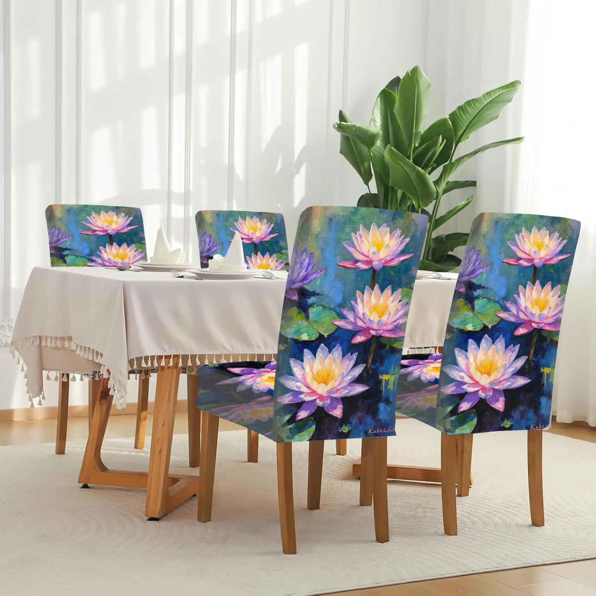 Elastic dining chair cover Water lily oil painting on tranquil water removable, washable, home dining chair cover
Elastic dining chair cover Water lily oil painting on tranquil water removable, washable, home dining chair cover