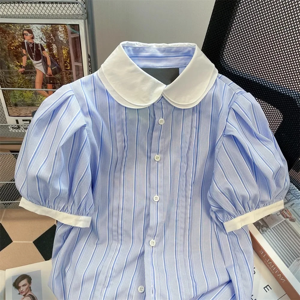 Vintage Japanese College Sweet Women Striped Doll Neck Peter Pant Collar Shirt Girls Short Puff Sleeved Kawaii Women Tops Mujer
Vintage Japanese College Sweet Women Striped Doll Neck Peter Pant Collar Shirt Girls Short Puff Sleeved Kawaii Women Tops Mujer