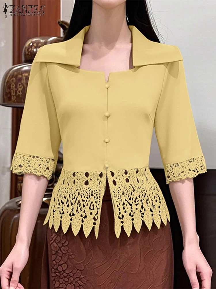 2025 ZANZEA Elegant Office Lady Tops Women Summer 3/4 Sleeve Fashion Lace Shirts Lapel Casual Solid Color Blouse Tunic Blusas
2025 ZANZEA Elegant Office Lady Tops Women Summer 3/4 Sleeve Fashion Lace Shirts Lapel Casual Solid Color Blouse Tunic Blusas