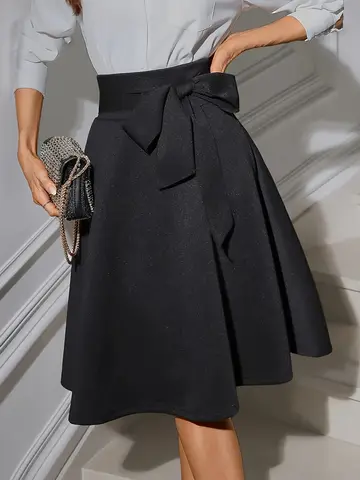 Women's Elegant High Waist Flared Midi Skirt with Bow Belt, Inclusive Fit, Stretch Knit Fabric, Versatile for Office and Party W