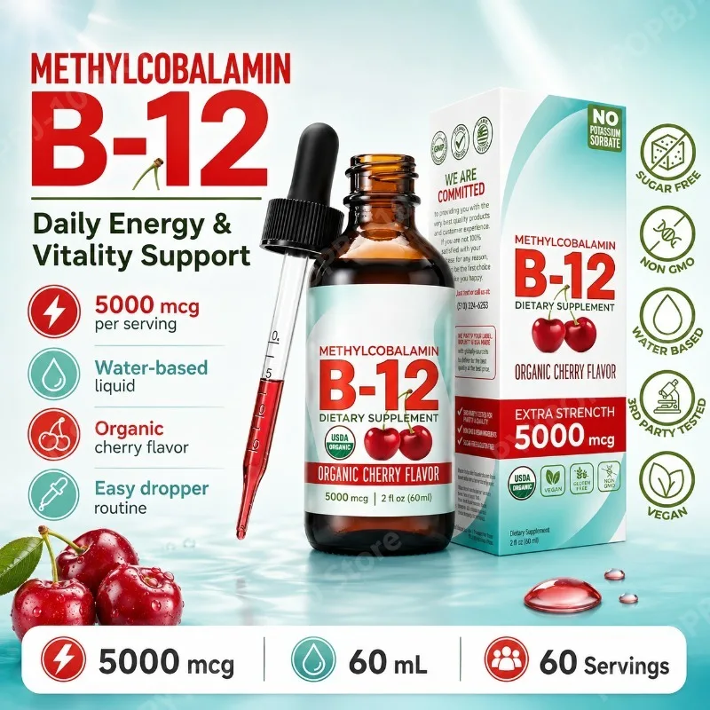Methylcobalamin B12 5000mcg Daily Energy Vitality Support Organic Cherry Flavor Liquid Drops 60ml
Methylcobalamin B12 5000mcg Daily Energy Vitality Support Organic Cherry Flavor Liquid Drops 60ml