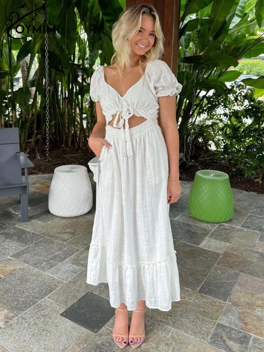 Oymimi Elegant White Cotton Womens Dresses Fashion V-Neck Short Sleeve Lace-Up Dresses Casual Hollow Out Pleated Mid-Calf Dress
Oymimi Elegant White Cotton Womens Dresses Fashion V-Neck Short Sleeve Lace-Up Dresses Casual Hollow Out Pleated Mid-Calf Dress
