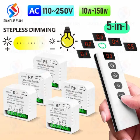 Variateur de lumière sans fil 433mhz, AC 110V 220V 230V, Module de commutation à intensité variable, télécommande 5 en 1, pour ampoule LED 10 ~ 150W, gradation halogène
